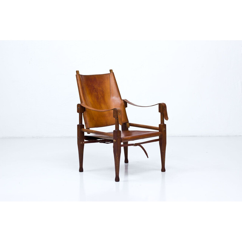 Vintage Safari armchair for Wohnbedarf in brown leather and oakwood 1950