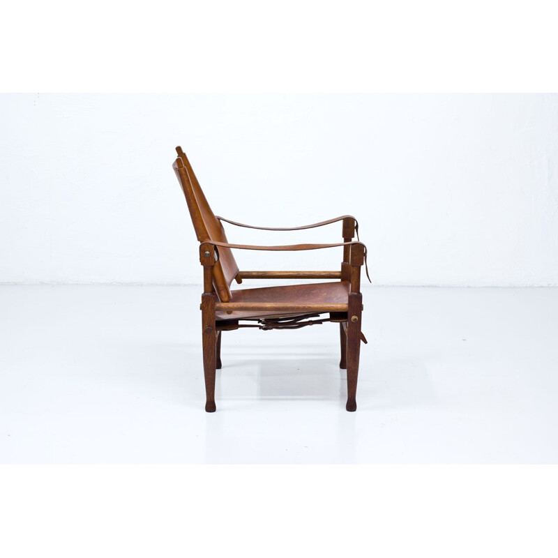 Vintage Safari armchair for Wohnbedarf in brown leather and oakwood 1950