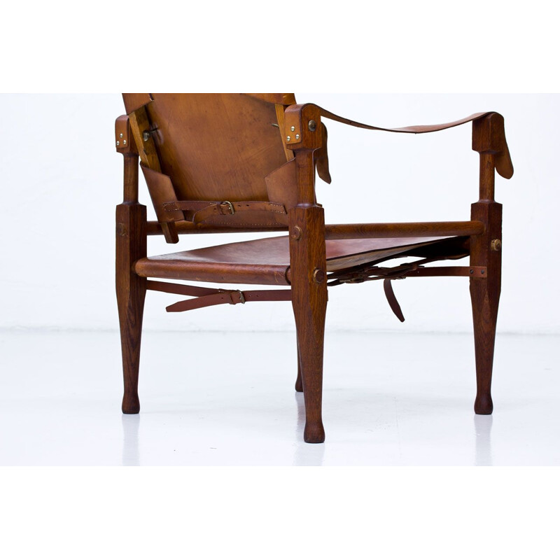 Vintage Safari armchair for Wohnbedarf in brown leather and oakwood 1950