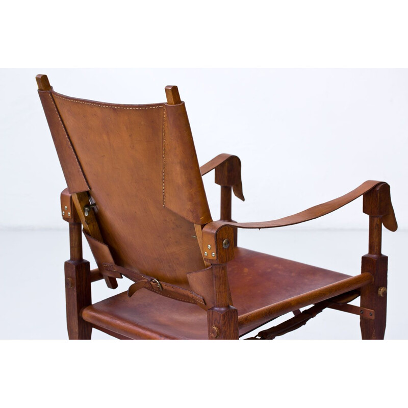 Vintage Safari armchair for Wohnbedarf in brown leather and oakwood 1950