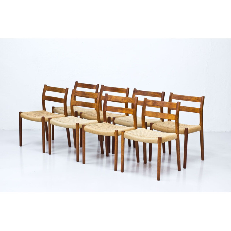 Set of 8 vintage Model 84 chairs for Møllers in teak and rope 1960