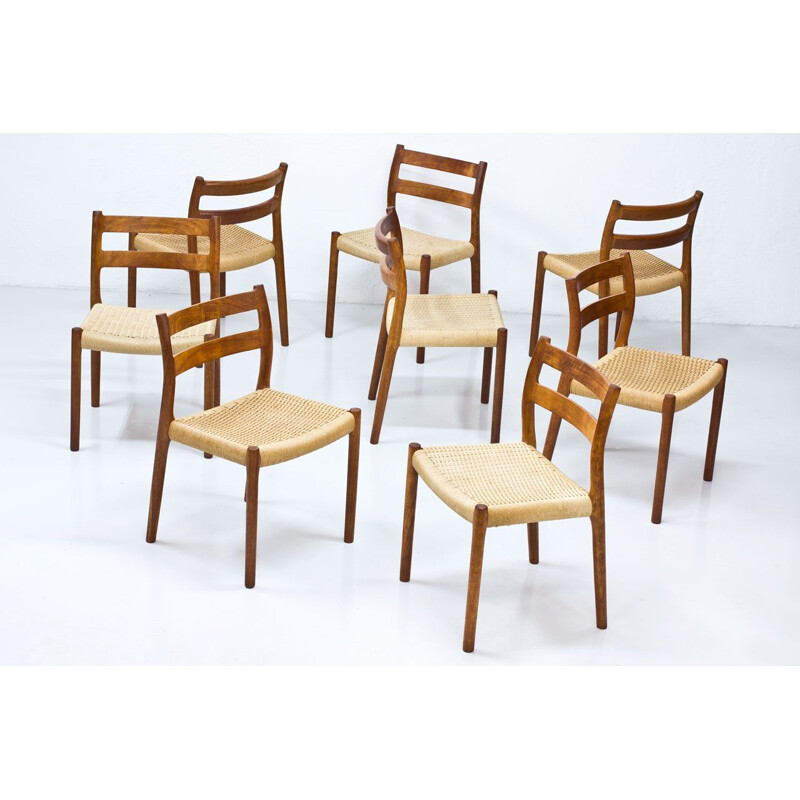 Set of 8 vintage Model 84 chairs for Møllers in teak and rope 1960
