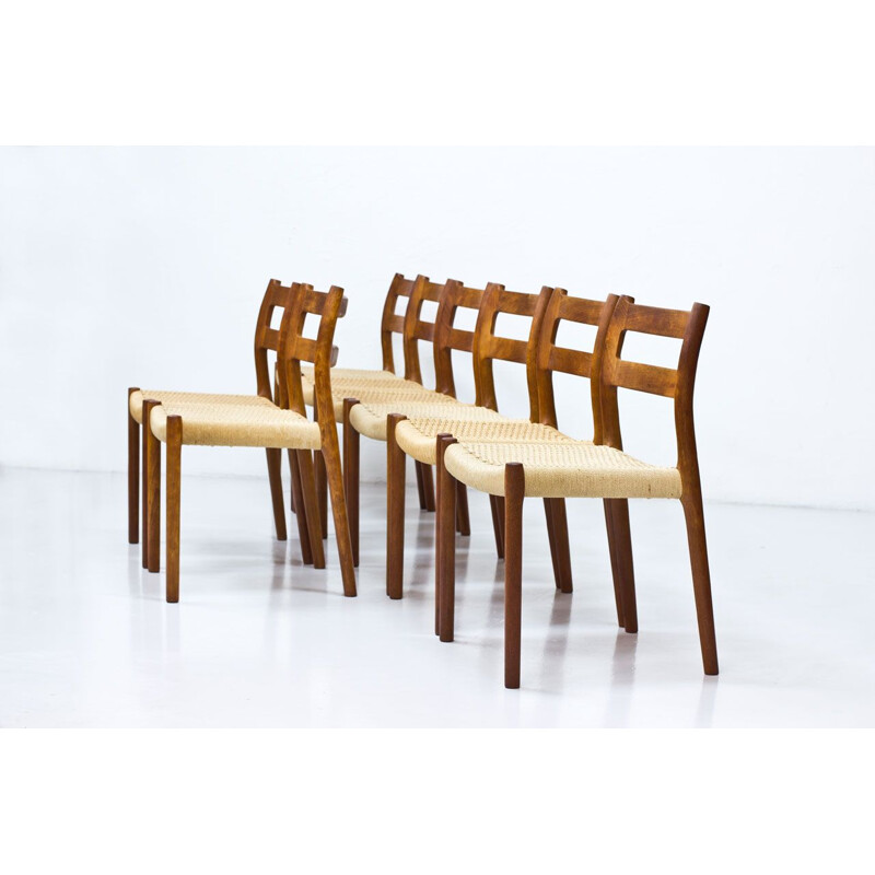 Set of 8 vintage Model 84 chairs for Møllers in teak and rope 1960