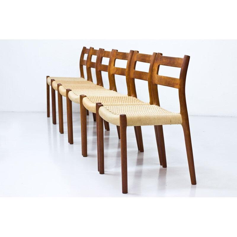 Set of 8 vintage Model 84 chairs for Møllers in teak and rope 1960