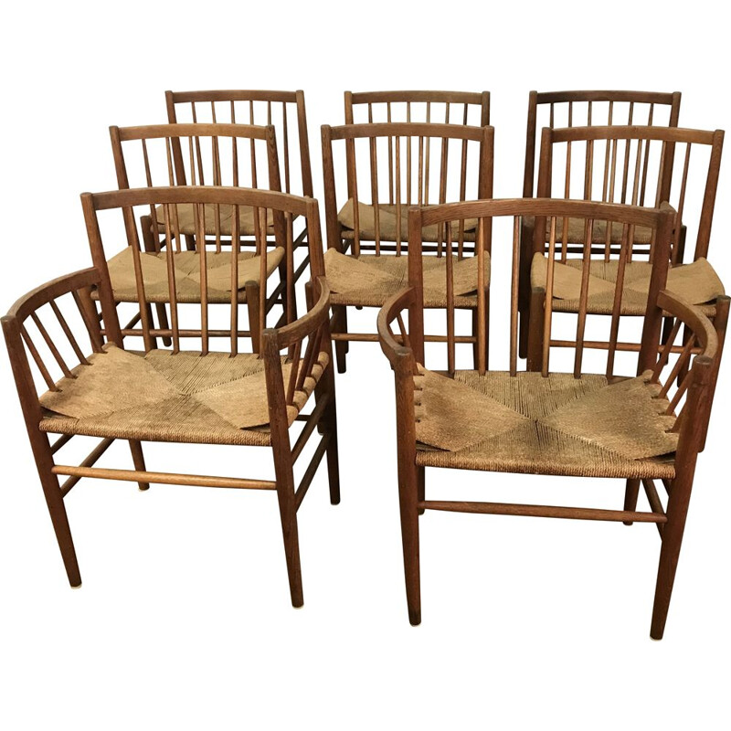 Set of 8 vintage chairs for FDB Mobler in oak and rope 1960