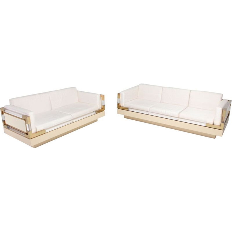 Vintage 3 seater sofa in Cream Lacquer, Brass and Lucite