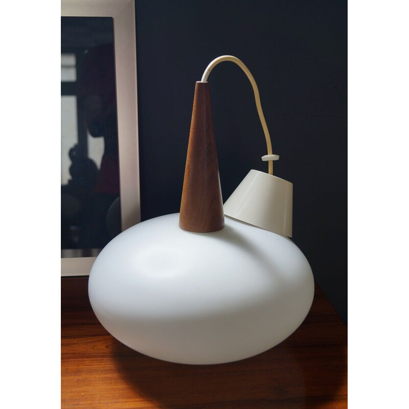 Vintage white dutch hanging lamp for Philips in wood and opaline