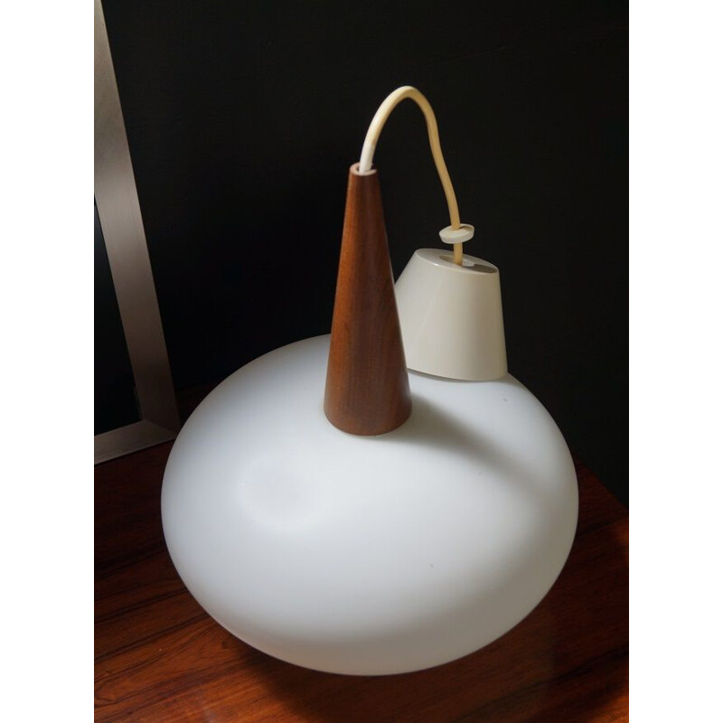 Vintage white dutch hanging lamp for Philips in wood and opaline