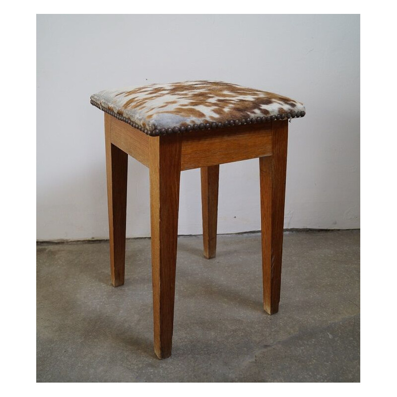 French vintage oak and skin stool 1950