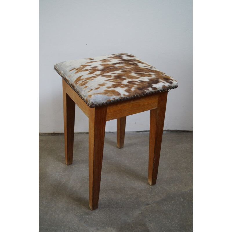 French vintage oak and skin stool 1950