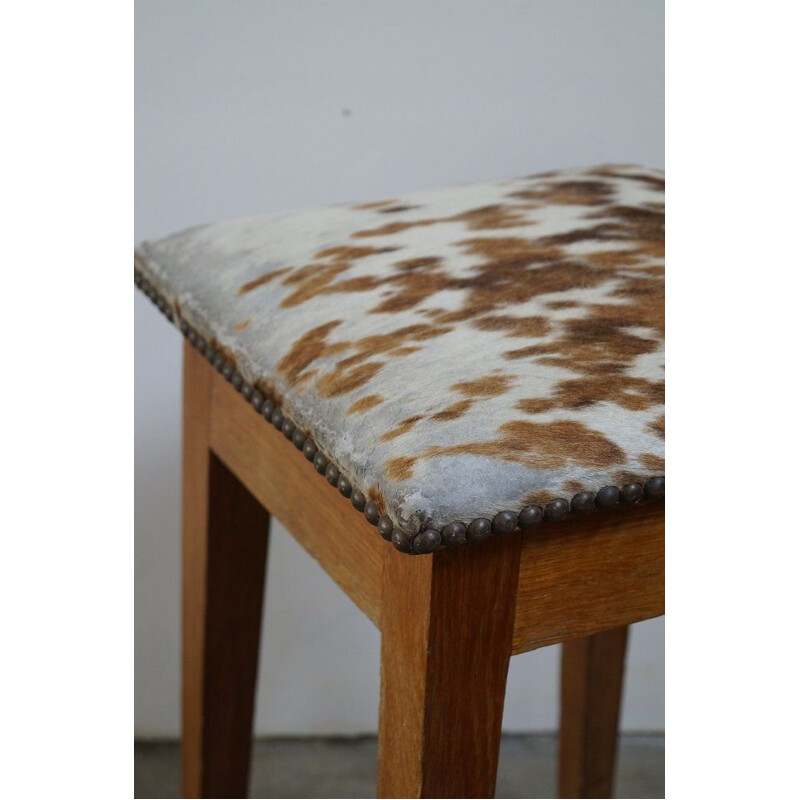 French vintage oak and skin stool 1950