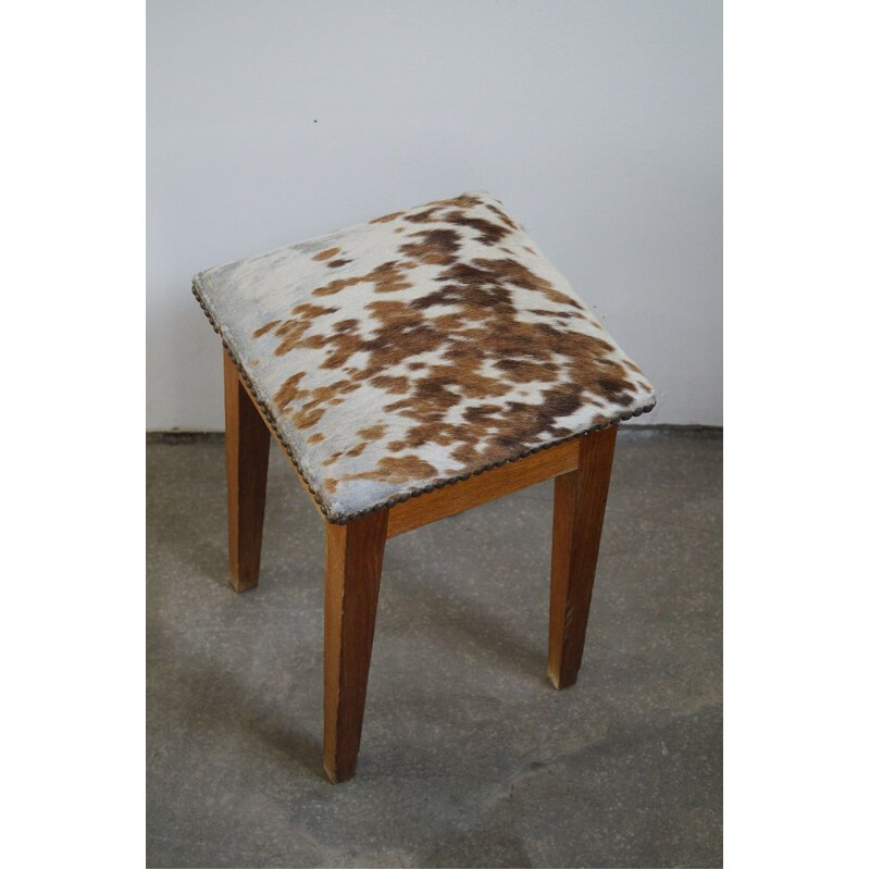 French vintage oak and skin stool 1950