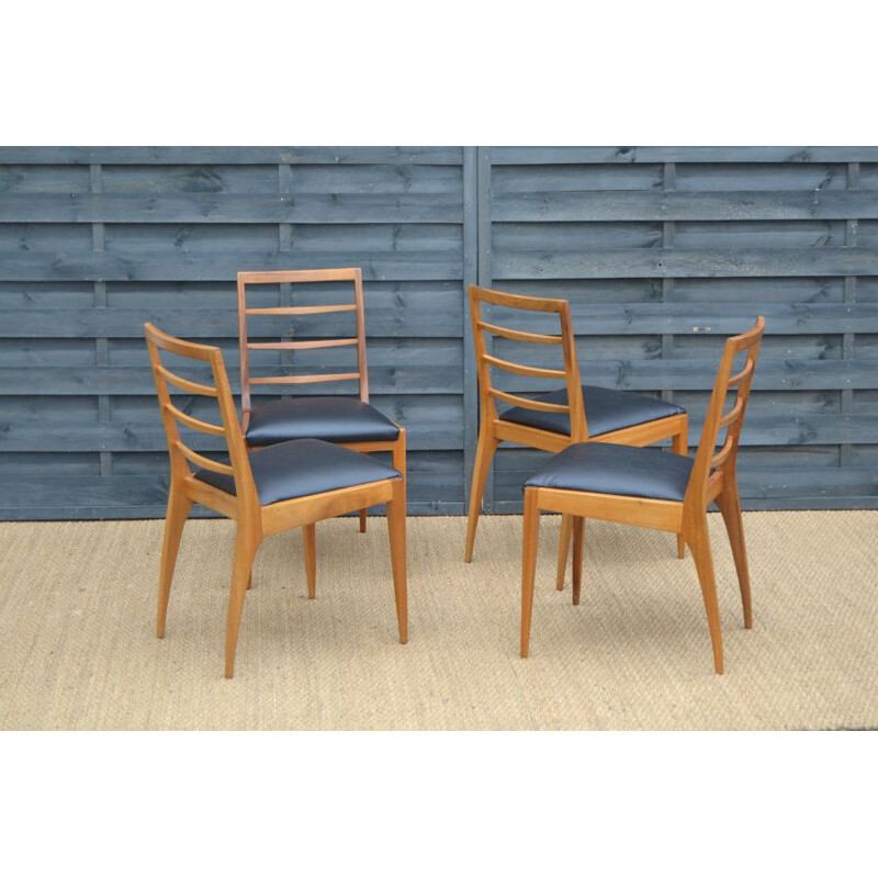 Set of 4 vintage chairs for McIntosh in teak and black leatherette 1960