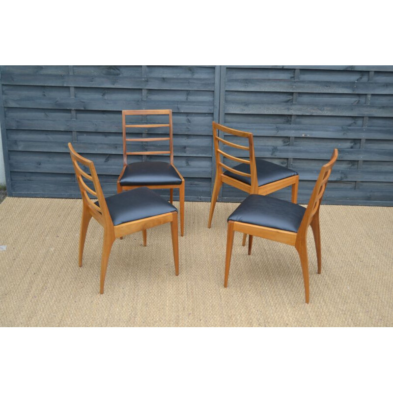 Set of 4 vintage chairs for McIntosh in teak and black leatherette 1960