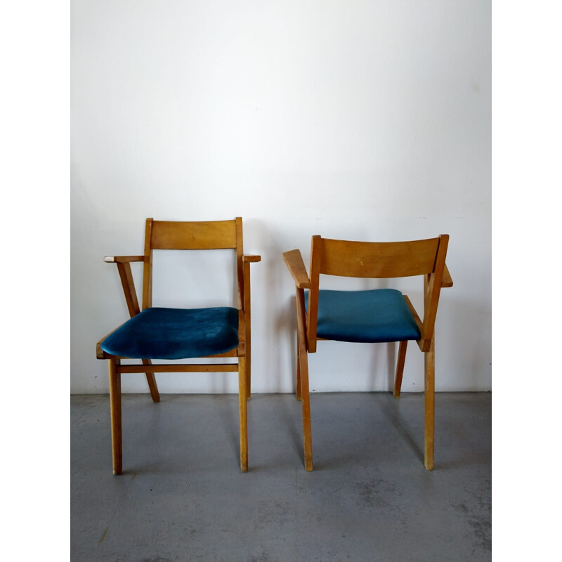 Pair of french vintage armchairs in velvet and wood 1950