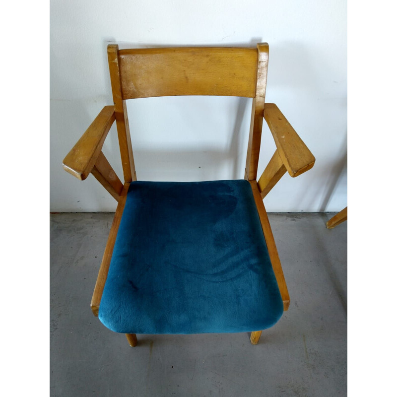 Pair of french vintage armchairs in velvet and wood 1950