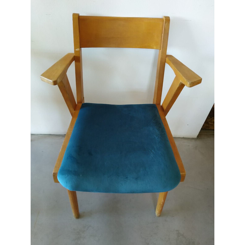 Pair of french vintage armchairs in velvet and wood 1950