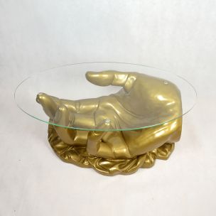 French vintage golden coffee table handshape in glass 1970