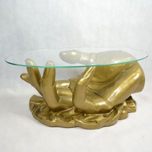 Table basse vintage française dorée en verre 1970