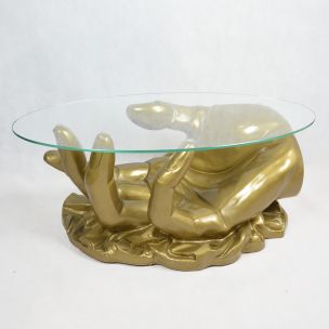 French vintage golden coffee table handshape in glass 1970