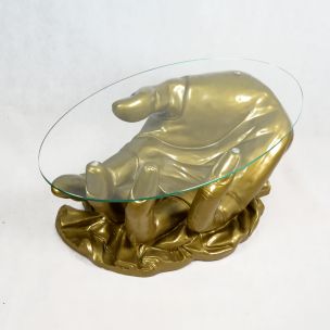 French vintage golden coffee table handshape in glass 1970