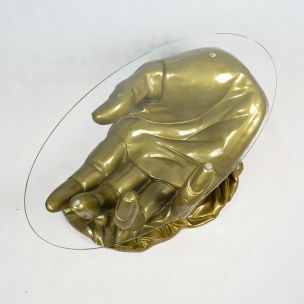 French vintage golden coffee table handshape in glass 1970