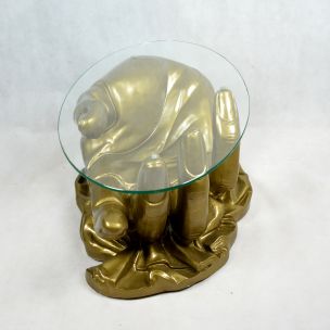 French vintage golden coffee table handshape in glass 1970