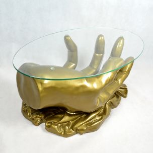 French vintage golden coffee table handshape in glass 1970