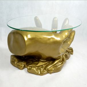 Table basse vintage française dorée en verre 1970