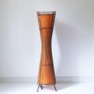 Lampadaire vintage français Kobe en bambou et métal 1980