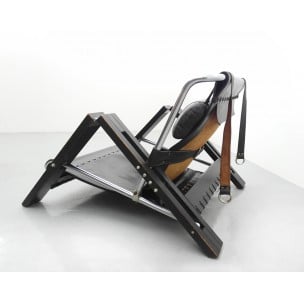 Fauteuil vintage en métal chromé et cuir noir, Sonja WASSEUR - 1970