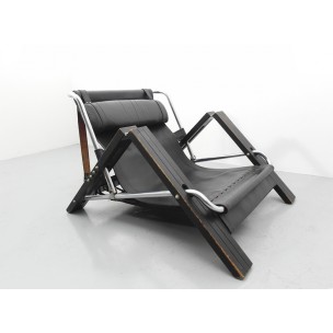 Fauteuil vintage en métal chromé et cuir noir, Sonja WASSEUR - 1970