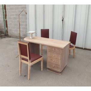 Vintage desk & 3 chairs in cerus oak by Jacques Adnet 1940