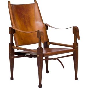 Vintage Safari armchair for Wohnbedarf in brown leather and oakwood 1950