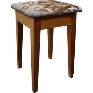 French vintage oak and skin stool 1950