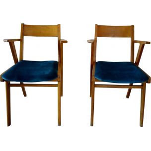 Pair of french vintage armchairs in velvet and wood 1950