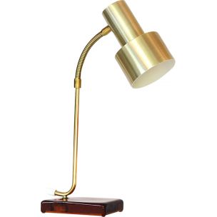 Lampe de bureau vintage en aluminium, laiton et base en verre, Suède 1960