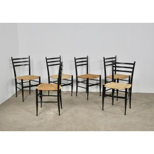 Set of 6 vintage Spinetto chairs by Chiavari in wood and rope 1950