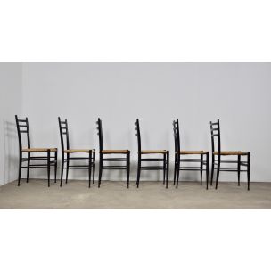 Suite de 6 chaises vintage Spinetto de Chiavari en bois et corde 1950
