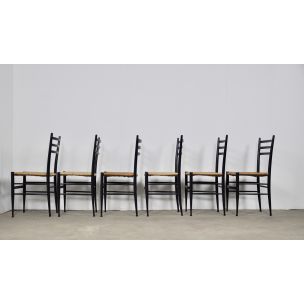 Set of 6 vintage Spinetto chairs by Chiavari in wood and rope 1950