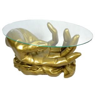 Table basse vintage française dorée en verre 1970