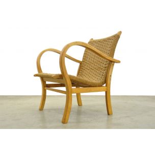 Vintage beech armchair with braided rope seat by V&D