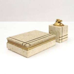 Vintage travertine and brass smoking set by Uliveri for Cerri Nestore 1960s