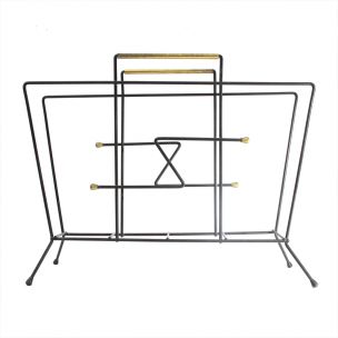 Vintage black metal and brass italian magazine rack