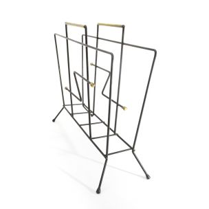 Vintage black metal and brass italian magazine rack