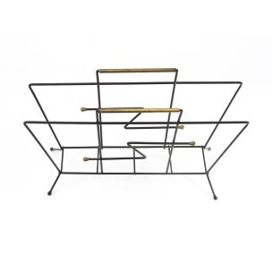 Vintage black metal and brass italian magazine rack