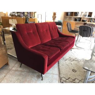 Vintage 3 seater sofa in red velvet from the 50s