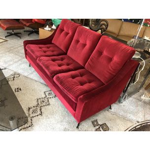 Vintage 3 seater sofa in red velvet from the 50s