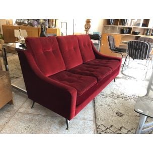Canapé 3 places vintage en velours rouge 1950 