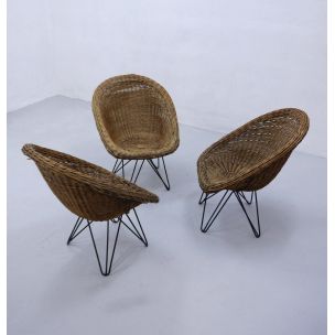 Vintage Basket wicker chair with hairpin metal legs 1950